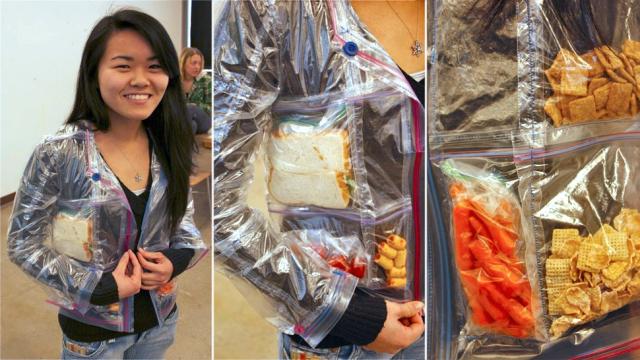 Jacket Made Entirely of Ziploc Sandwich Bags and Filled With Snacks