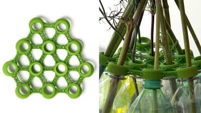 This 3D-Printed Web Of Plastic Caps Turns Water Bottles Into A Vase