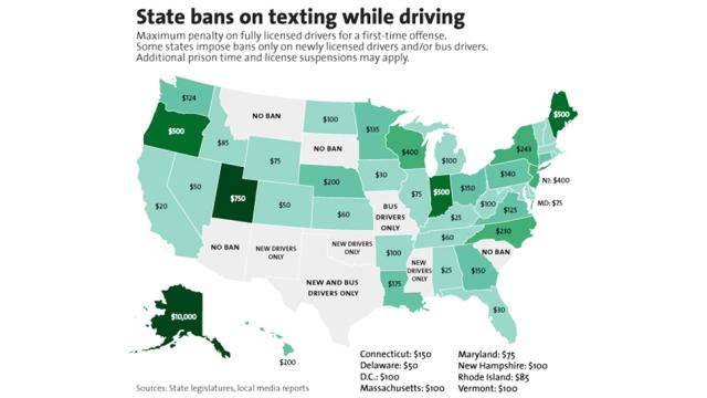 A Map Of The Penalties For Texting While Driving In The US