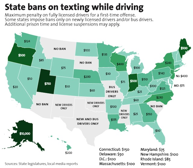 A Map Of The Penalties For Texting While Driving In The US