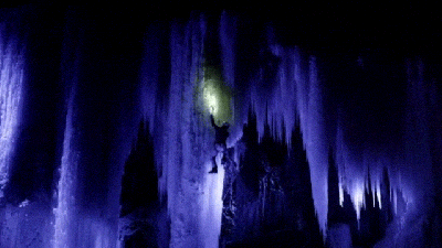 Climbing Frozen Waterfalls At Night By The Light Of A Drone