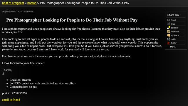 Pro Photographer Looks For People To Do Their Jobs Without Pay