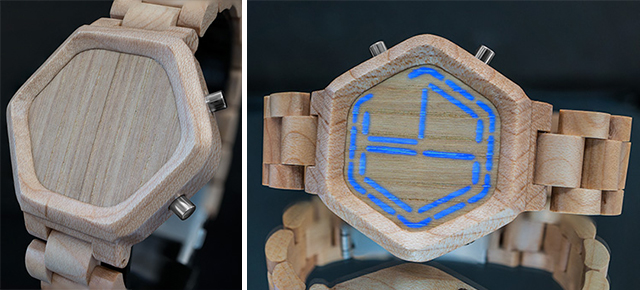 Hidden LEDs Give This Wood-Faced Watch A Digital Display