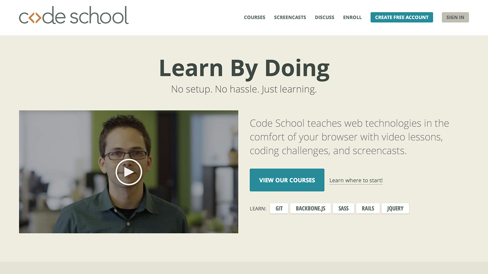 Doing code. Learn web. Code teach. Learn by doing. Code School Facebook.