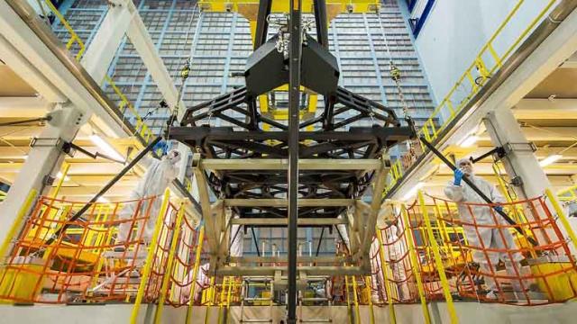 A Replica Of The Backplane Of The James Webb Space Telescope Is Hoisted Into Place