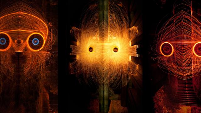 Light Monster Faces Made Of Spinning Molten Metal