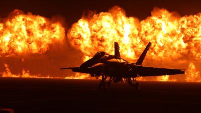 Spectacular Photo Of An F-18 Against A Huge Wall Of Fire