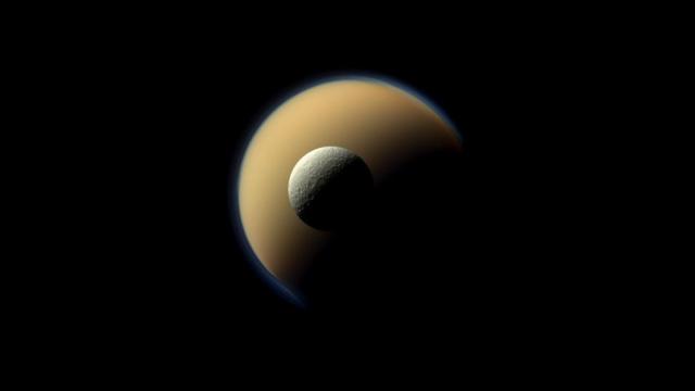 Saturn’s Two Largest Moons — Rhea And Titan — Line Up For The Cassini Orbiter