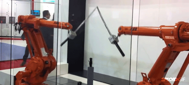 Watch Two Robots Arms Sword Fighting Using Katanas