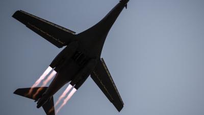 Awesome Underneath Angle Of A B-1B Lancer Taking Off