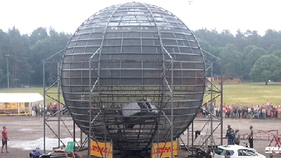 Car Driving In A Loop Inside A Death Cage Ball Just Ignores Gravity