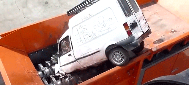 Giant Shredder Machine Chomps Down And Swallows Cars