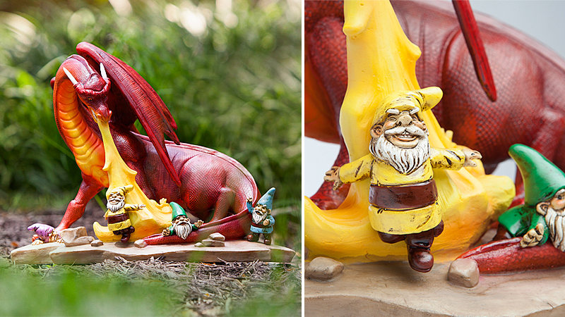 A Fire-Breathing Dragon Scorching Gnomes Is The Only Garden Decor You Need