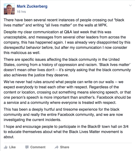 Mark Zuckerberg Asks Racist Facebook Employees To Stop Crossing Out Black Lives Matter Slogans