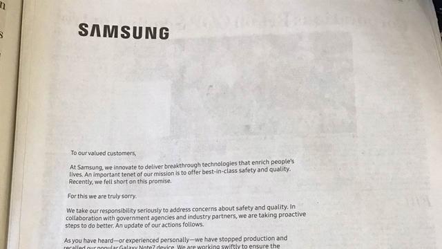 Sad Samsung Apologises For Exploding Phones In Full-Page Newspaper Ads