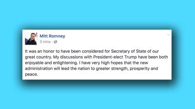 Romney Confirms He Will Not Be US Secretary Of State In Facebook Post