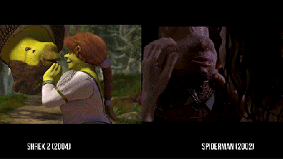 Scenes From Shrek Side-By-Side With Scenes Of The Movies Shrek Makes Fun Of