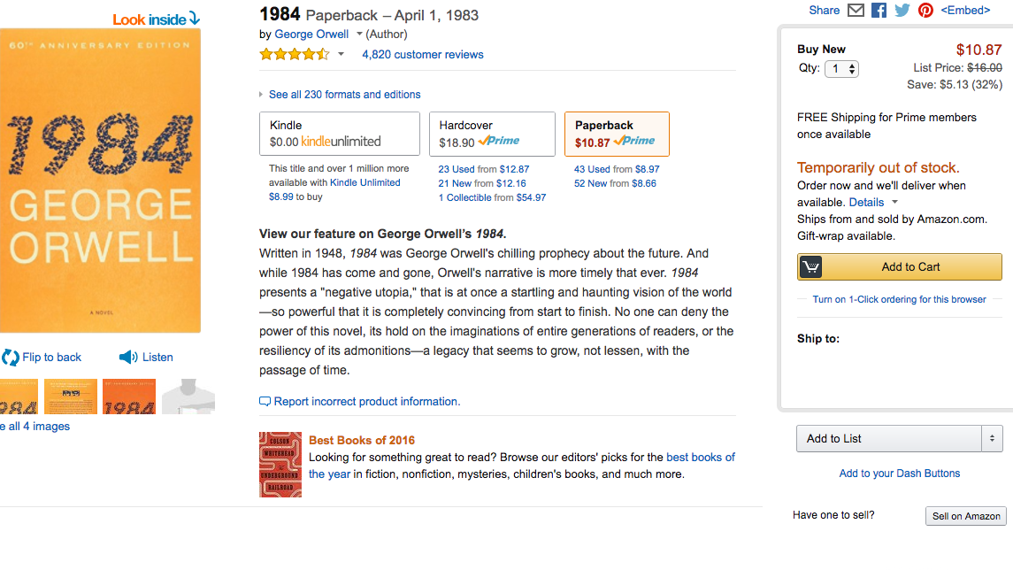 Amazon Sells Out Of George Orwell’s 1984