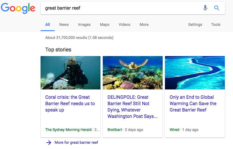 Google Top Stories Serves Breitbart Garbage On Climate Science