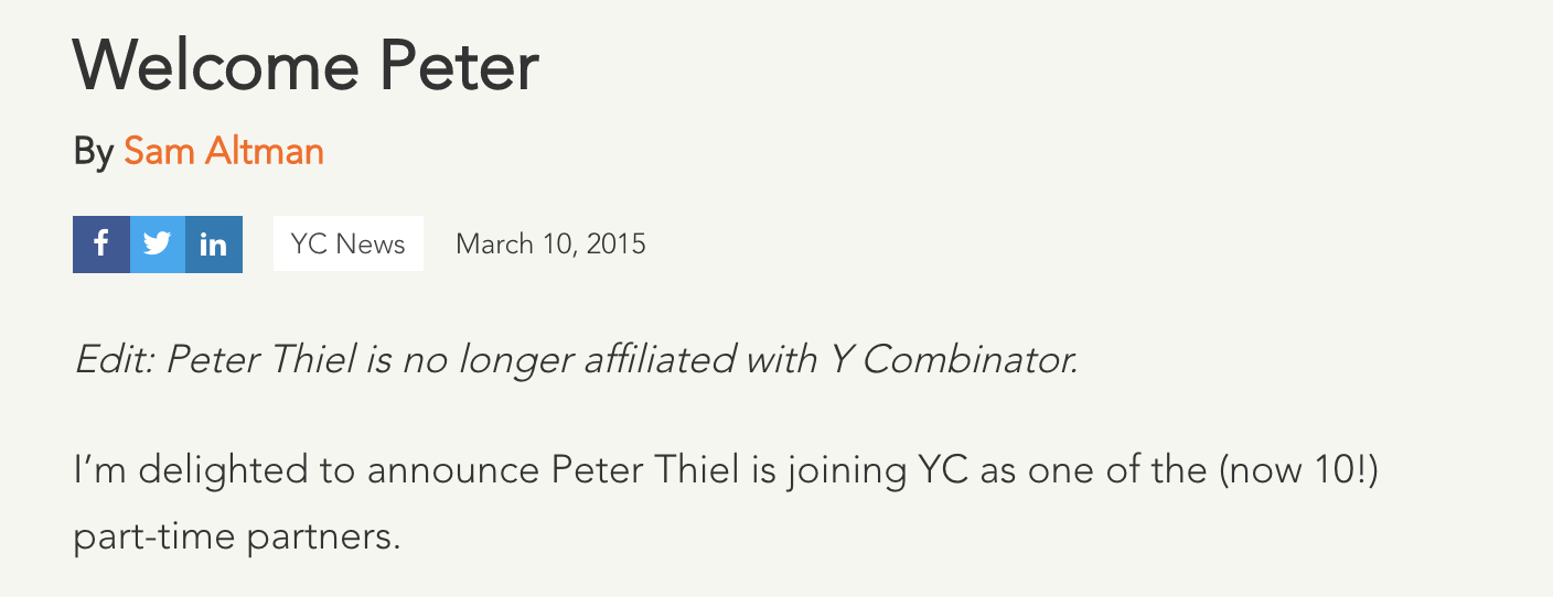 Y Combinator Quietly Ends Relationship With Peter Thiel