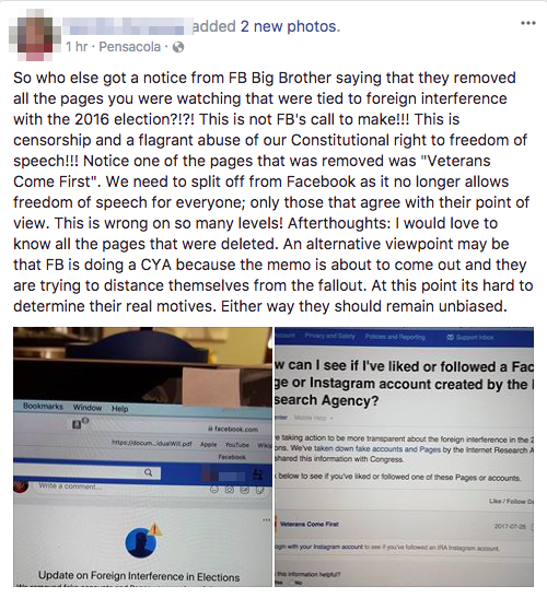 Facebook Users Cry ‘Censorship’ After Being Told Which Russian Troll Pages They Liked