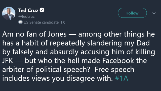 Ted Cruz Bravely Defends Alex Jones Against Facebook’s Temporary Internet Jail