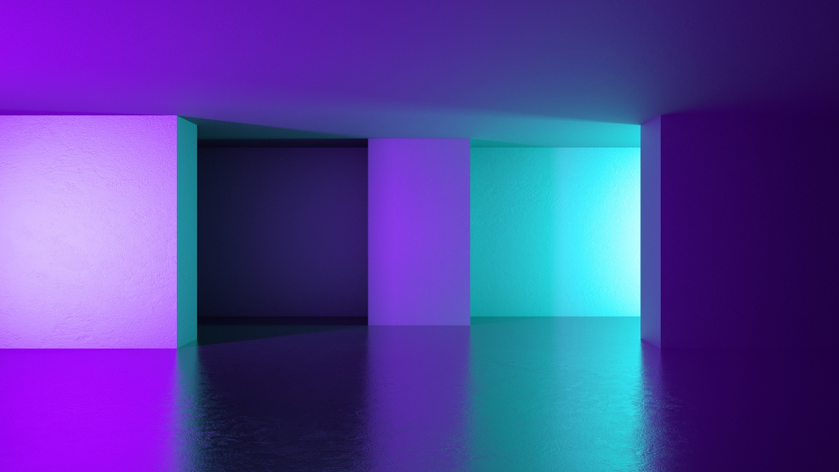 3d render, abstract background, empty room, violet mint walls, ultraviolet light, tunnel with no exit, illuminated corridor, virtual reality interior, minimalistic space