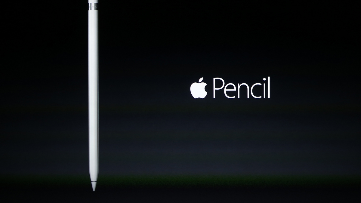 An Apple Pencil is displayed on the screen during a Special Event at Bill Graham Civic Auditorium September 9, 2015