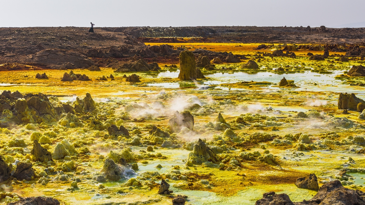 Dallol, a landscape of multi-colored hot springs and bizarre formations, in Afar, Ethiopia.