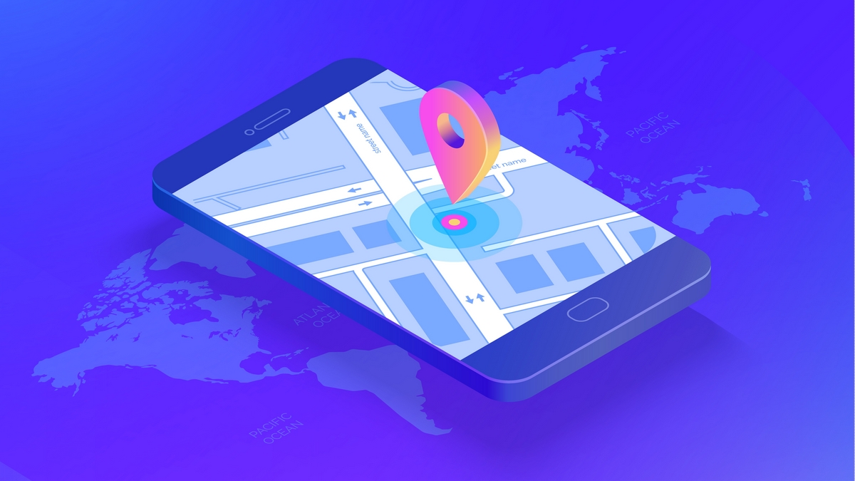 Gps navigation system. Mobile application for navigation. Gps smart tracker. Mobile phone is a mark on the map. Modern vector illustration isometric style