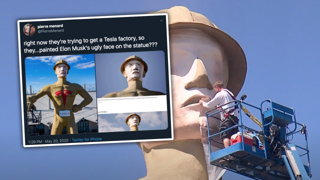 Tulsa Dresses Up Their Big Creepy Statue To Look Like Big Creepy Elon Musk In Hopes Of Getting The Cybertruck Mill