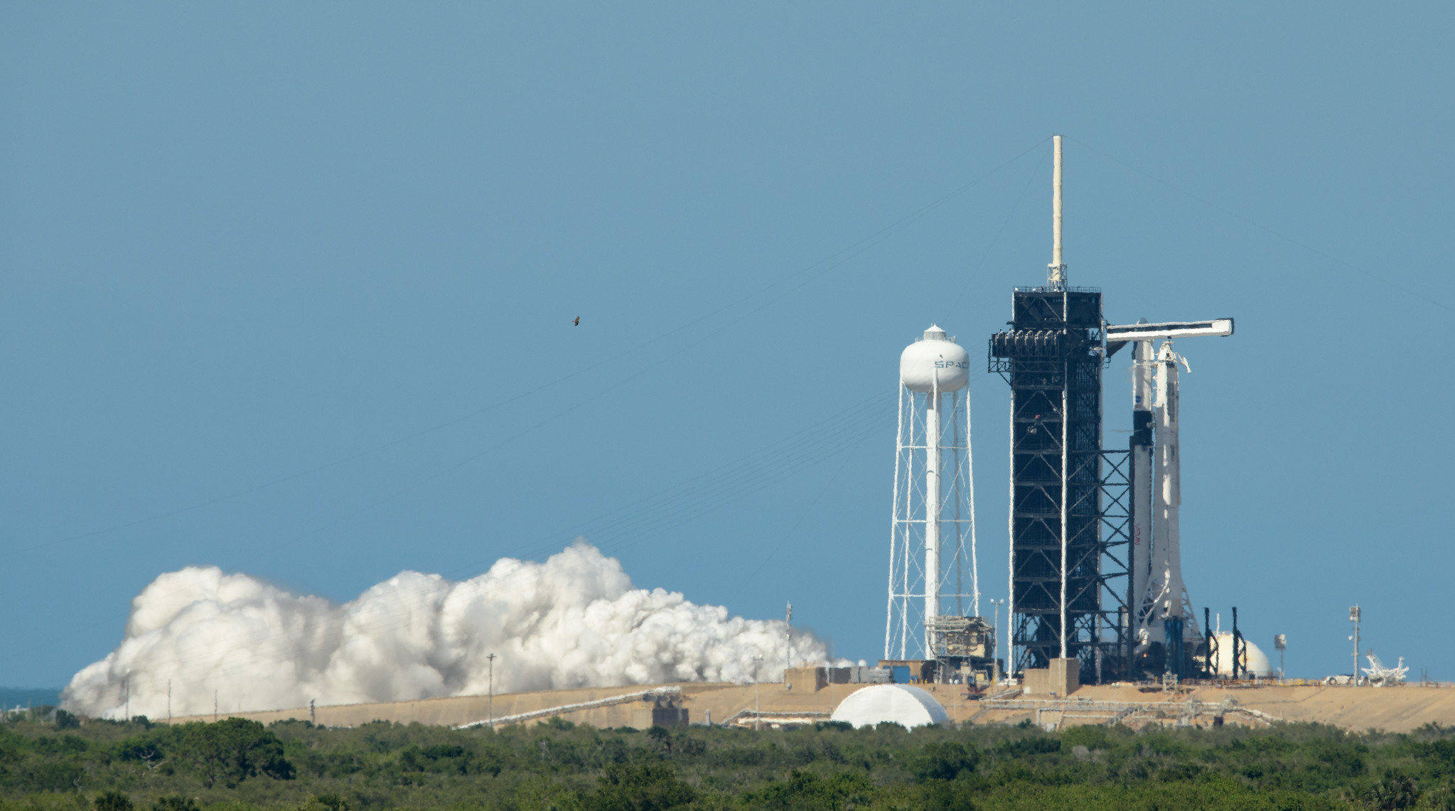 A static fire test of the SpaceX Falcon 9 rocket, performed on May 22.  (Image: NASA)