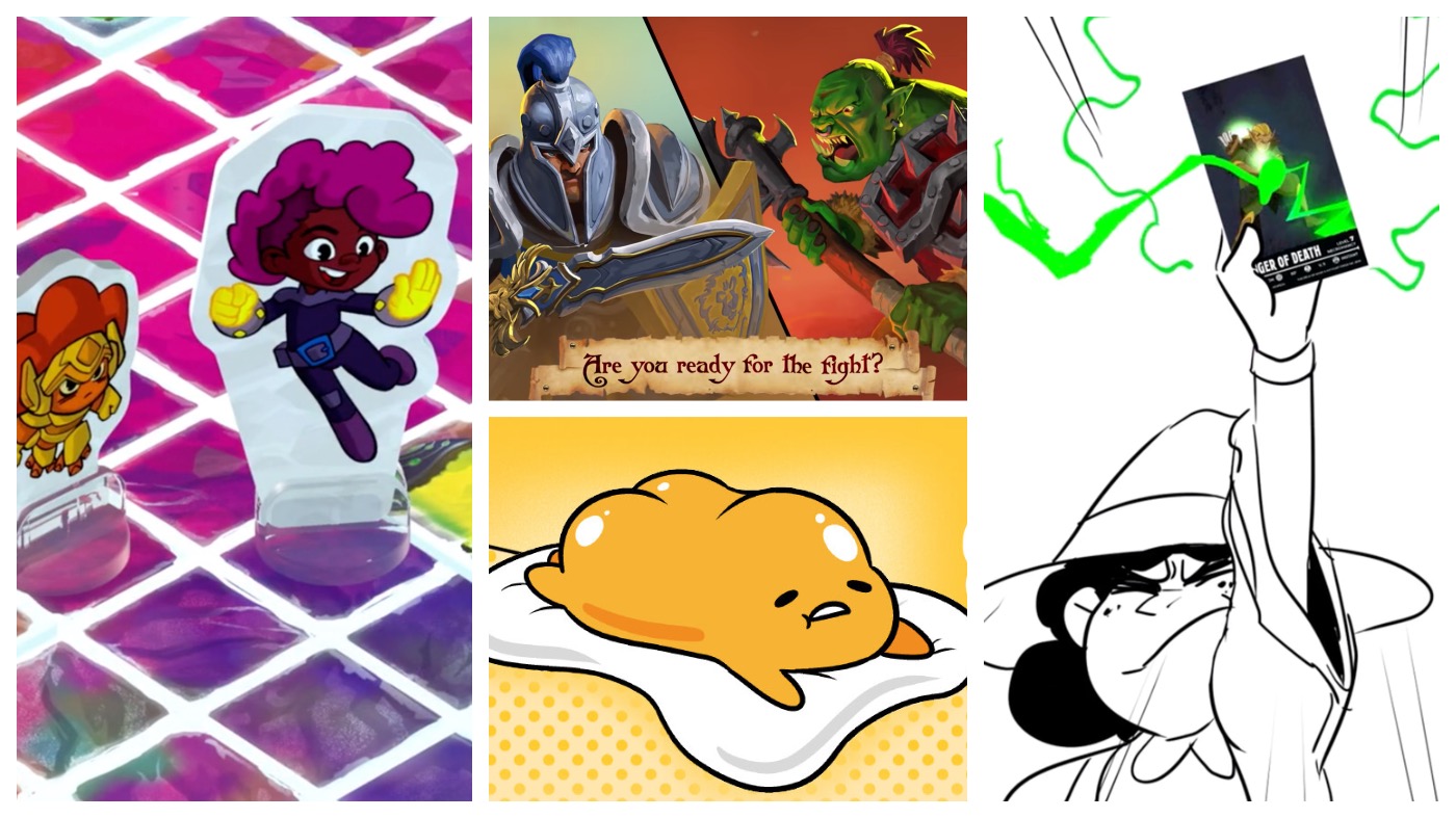 Clockwise from left: Prisma Arena, Small World of Warcraft, The Deck of Many Animated Spells, Tarot and More, and Gudetama: The Tricky Egg Card Game. (Image: The Creativity Hub,Image: Days of Wonder,Image: Hit Point Press,Image: Renegade Game Studios)