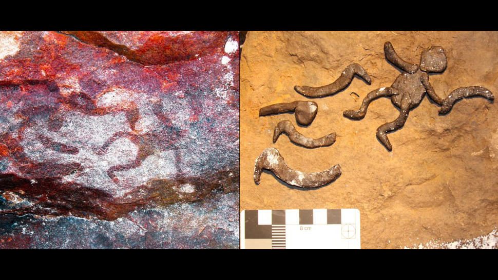 Left: Art from Yilbilinji 1 showing small-scale figures. Right: Stencil templates made by the researchers.  (Image: L. M. Brady et al., 2020/Antiquity)