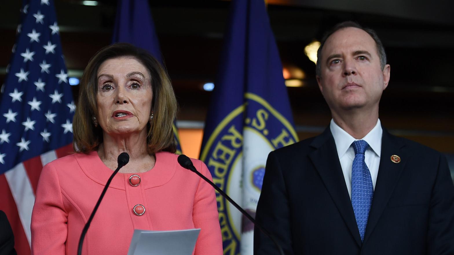 Speaker of the House Nancy Pelosi (L) D-CA and Rep. Adam Schiff (D-CA) look on during a press conference on the impeachment against Donald Trump on Capitol Hill January 15, 2020, in Washington, DC.  (Photo: Olivier Douliery, Getty)