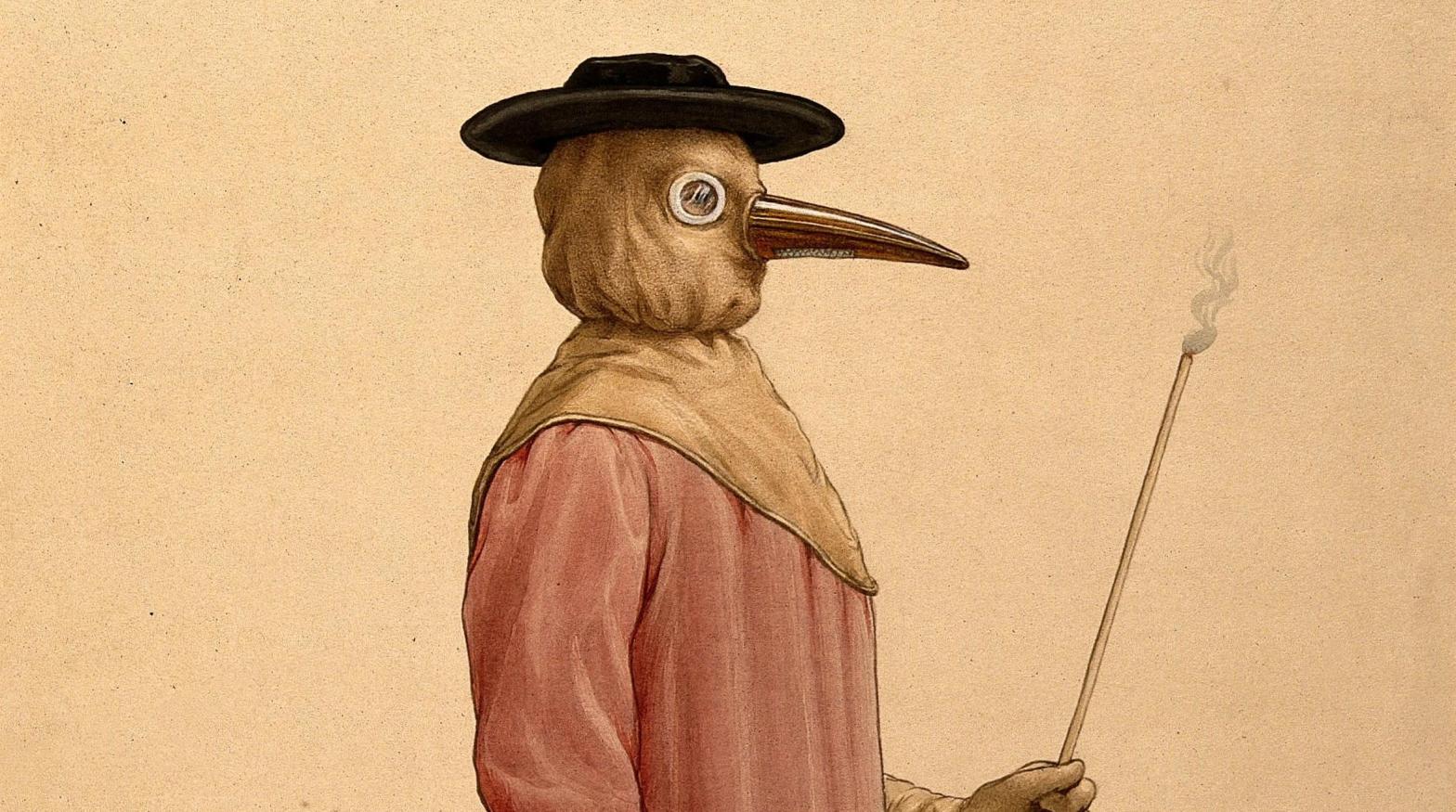 A physician wearing a 17th-century plague-preventive head covering. (Illustration: Wellcome Collection)
