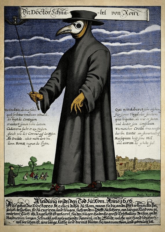 Copper engraving of Doctor Schnabel (i.e Dr. Beak), a plague doctor in 17th-century Rome, with a satirical macaronic poem ('Vos Creditis, als eine Fabel, / quod scribitur vom Doctor Schnabel') in octosyllabic rhyming couplets. (Illustration: Public Domain)