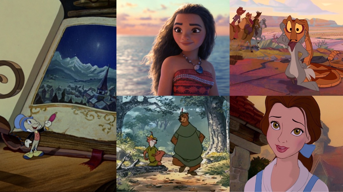 Clockwise from left: Pinocchio, Moana, Home on the Range, Beauty and the Beast, Robin Hood.  (Image: Disney)