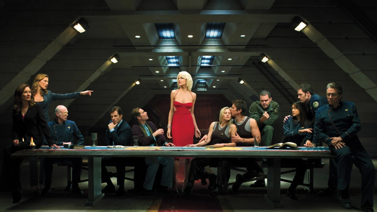 Battlestar Galactica doing the whole Last Supper thing.  (Image: NBC)