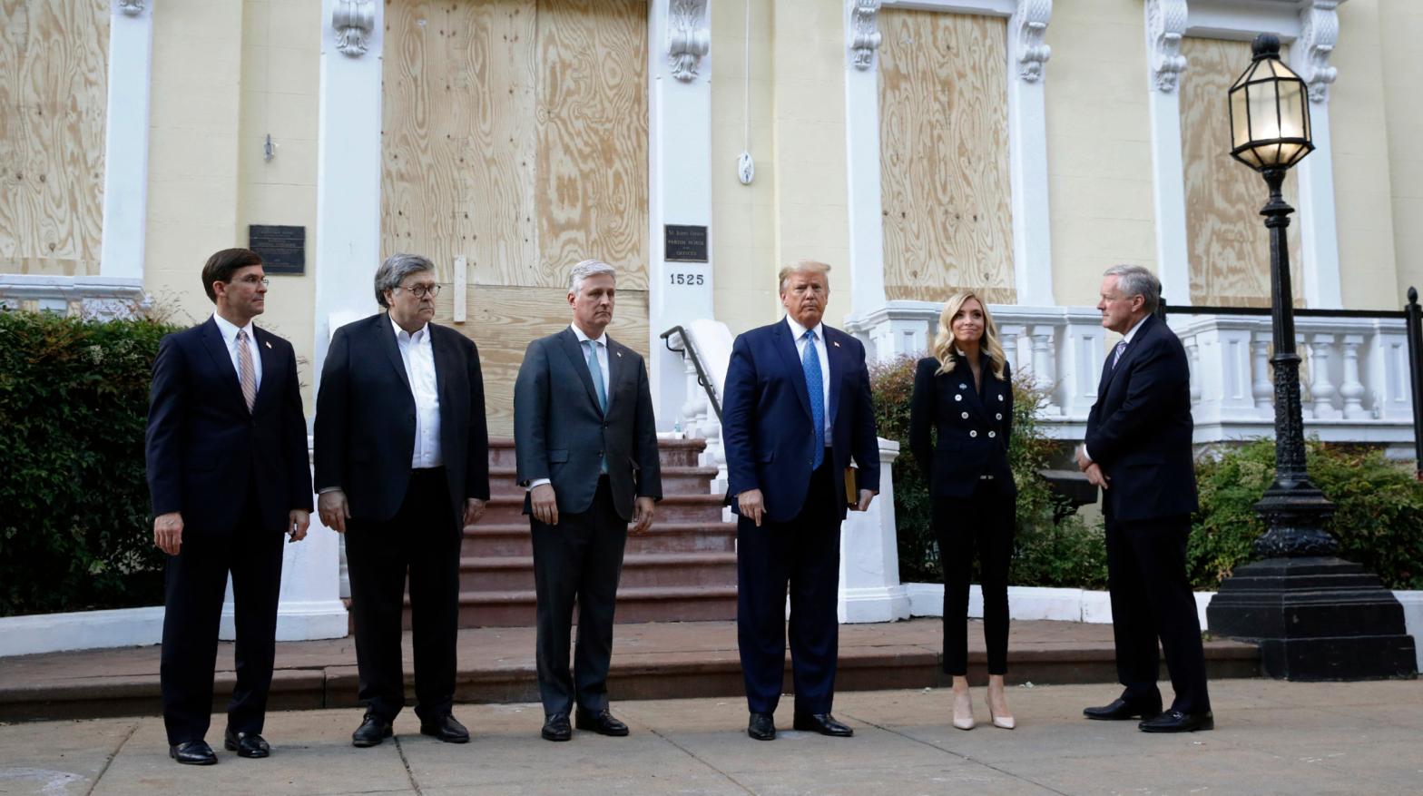 From left: Defence Secretary Mark Esper, Attorney General William Barr, White House national security adviser Robert O'Brien, President Donald Trump, White House press secretary Kayleigh McEnany, and White House chief of staff Mark Meadows, on June 1, 2020 (Photo: AP)