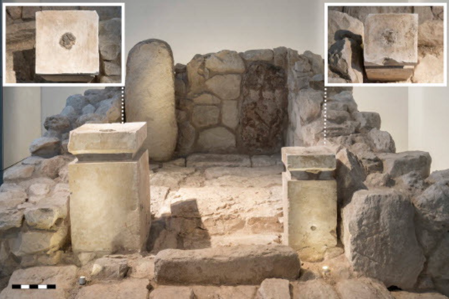 Two limestone altars found at Tel Arad in Israel, with insets showing residue piles containing traces of cannabis (right) and frankincense (left).  (Image: E. Arie et al., 2020)