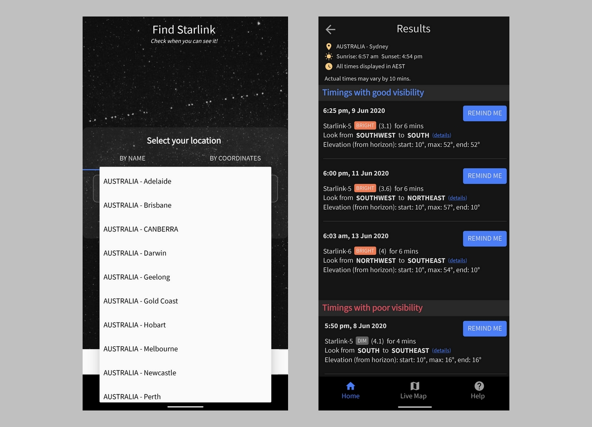 find starlink satellites app screenshot