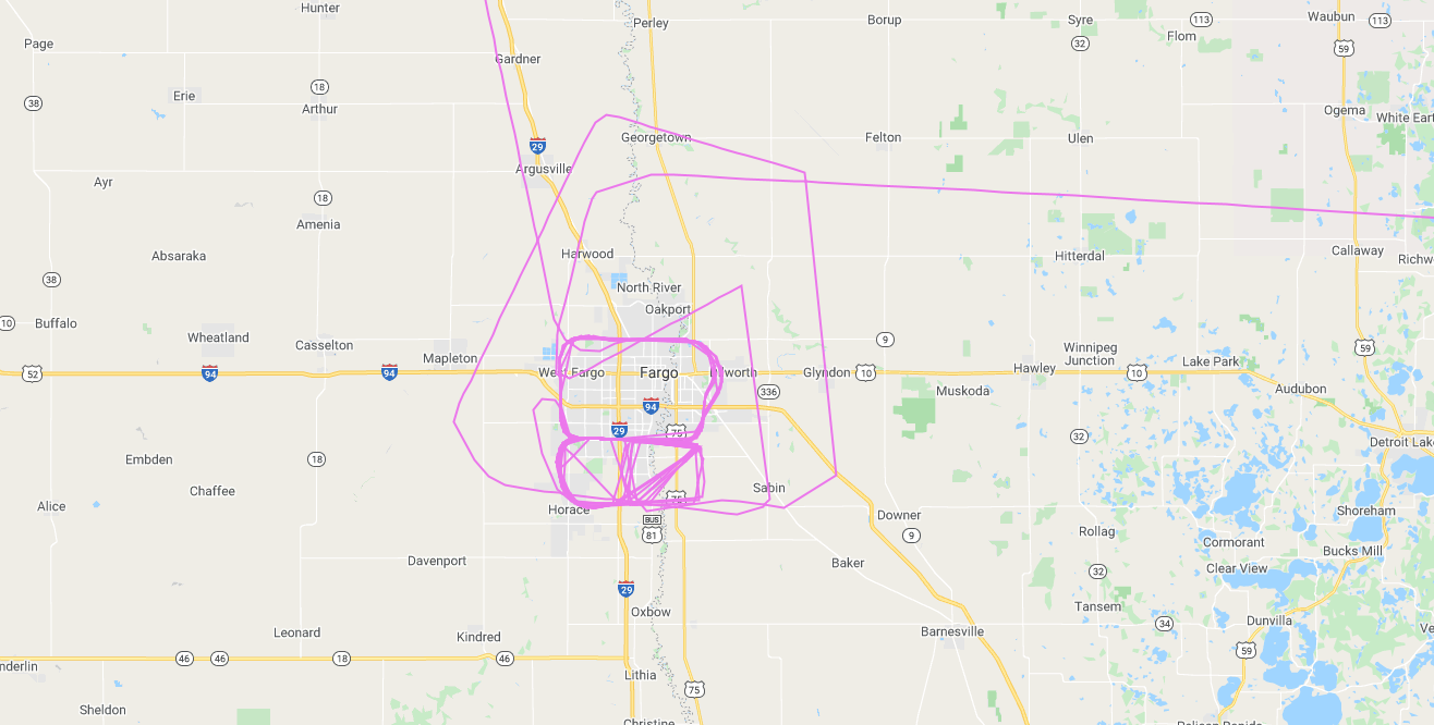 CBP104 flying over Fargo on April 30th. Data courtesy of RadarBox.com (Image: Dhruv Mehrotra, Gizmodo)