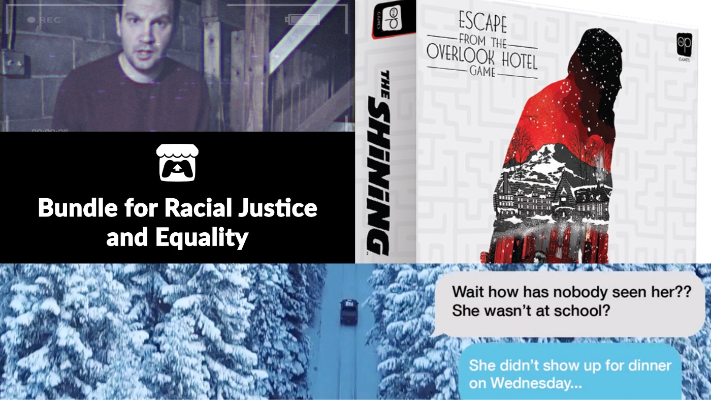 Clockwise from left: The Messenger: An Immersive Mystery, The Shining: Escape from the Overlook Hotel, Alice Is Missing, and the Bundle for Racial Justice and Equality.  (Image: Immersion Interactive,Image: The Op,Image: Hunters Books,Image: itch.io)