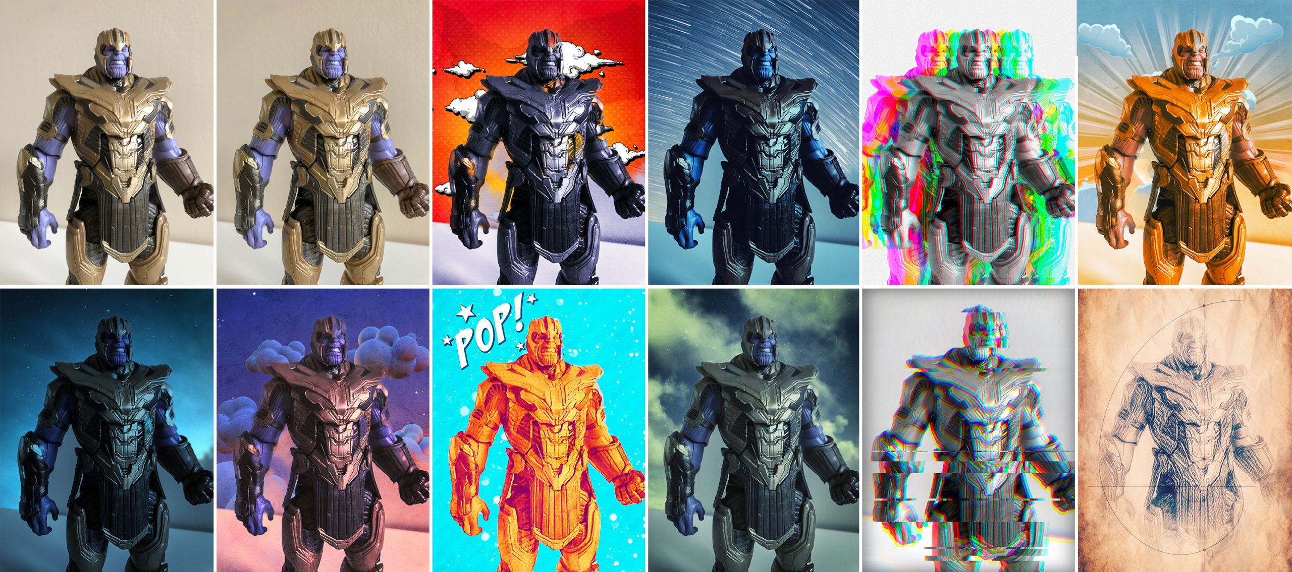 The original Thanos photo (upper left) compared to Adobe Photoshop Camera's enhanced version, and then various smart filters applied.  (Photo: Andrew Liszewski, Gizmodo)