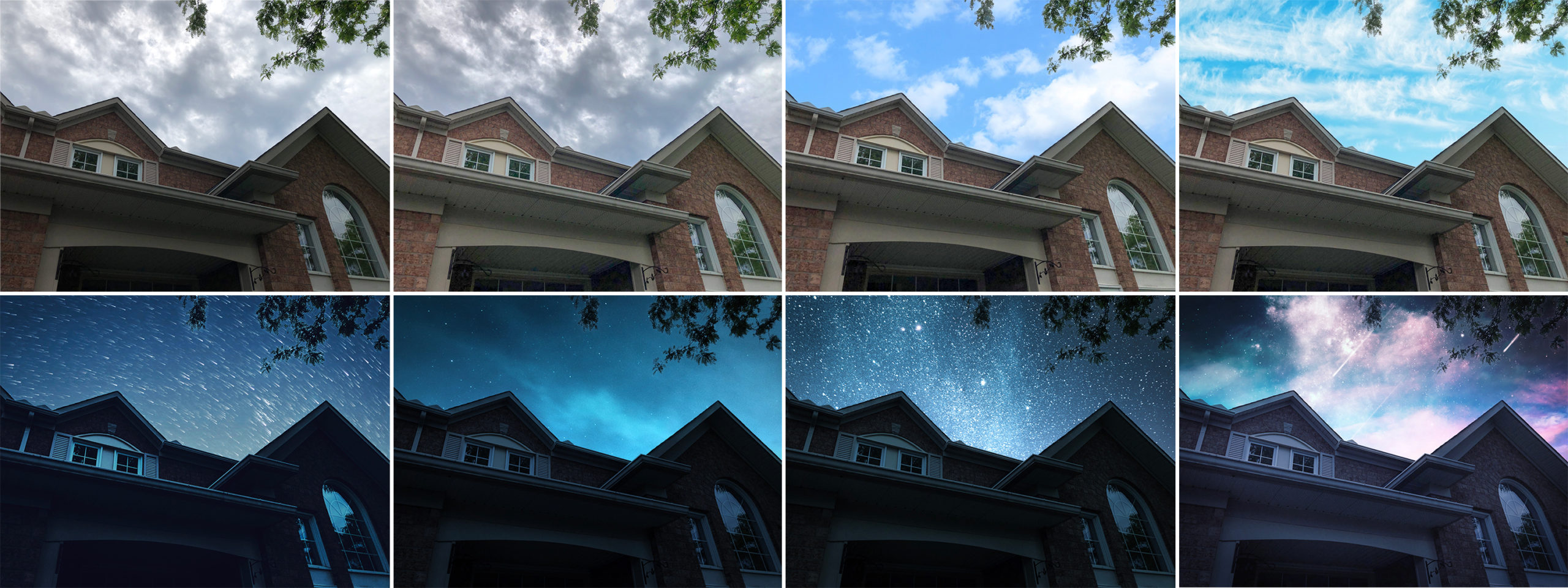 The original photo (upper left) compared to Adobe Photoshop Camera's enhanced version, and then versions where the sky has been swapped with clouds and stars. (Photo: Andrew Liszewski, Gizmodo)