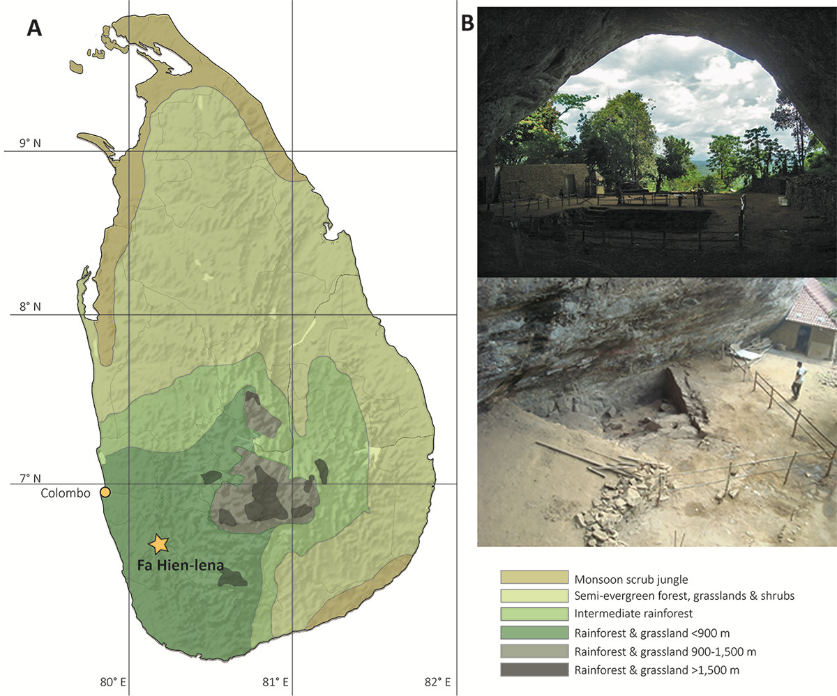 Map of Sri Lanka with the site of Fa-Hien Lena shown alongside views of the cave. (Image: Wedage et al., 2019)