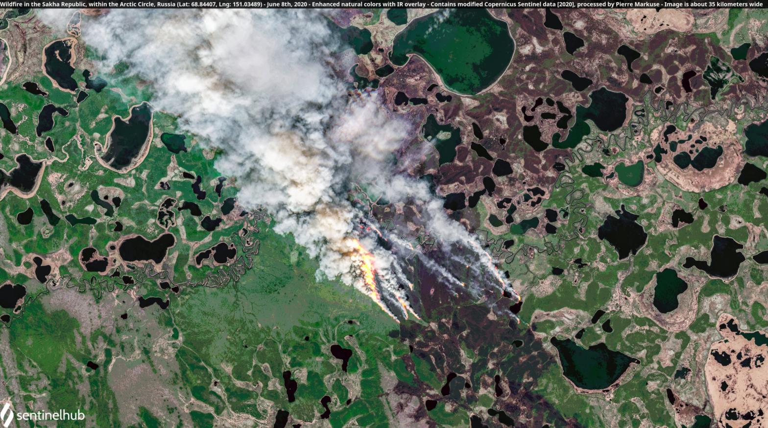 Wildfire in the Sakha Republic, within the Arctic Circle, Russia on June 8, 2020. (Image: Pierre, Flickr)