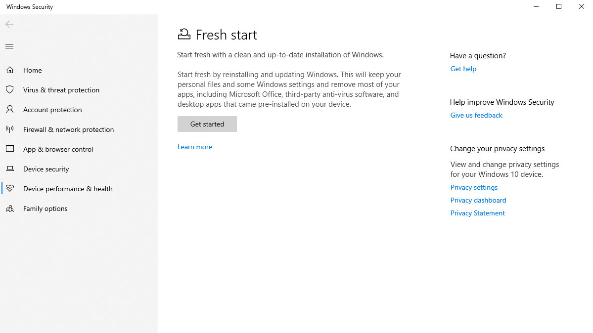 What the Fresh Start page looks like on Windows 10 version 1903. (Screenshot: Joanna Nelius, Gizmodo)