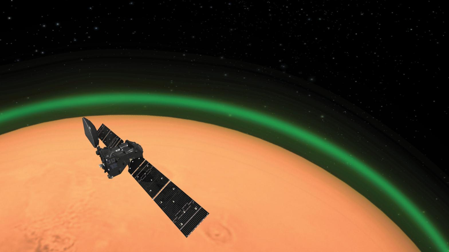 Artist's impression of ESA's ExoMars Trace Gas Orbiter detecting the green glow of oxygen in the martian atmosphere. (Image: ESA)